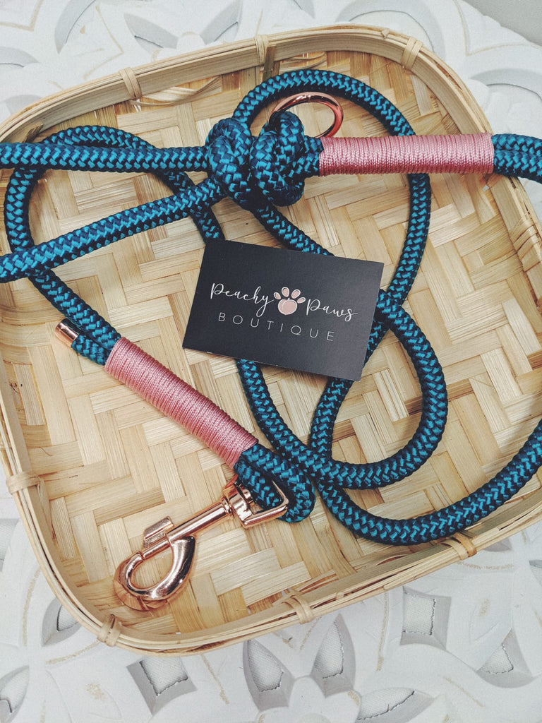 Teal and Pink Rope Lead - PeachyPawsBoutique